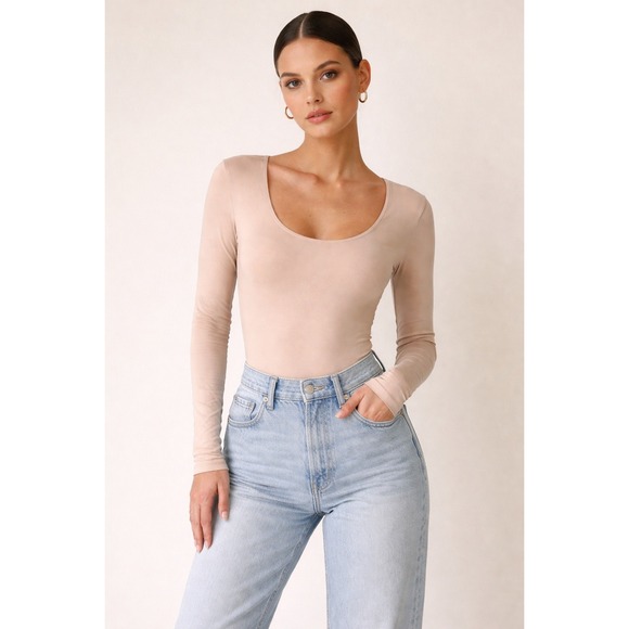 Express Tops - Express Body Contour Tan Scoop Neck Long Sleeve Bodysuit Neutral Minimalist Sz M
